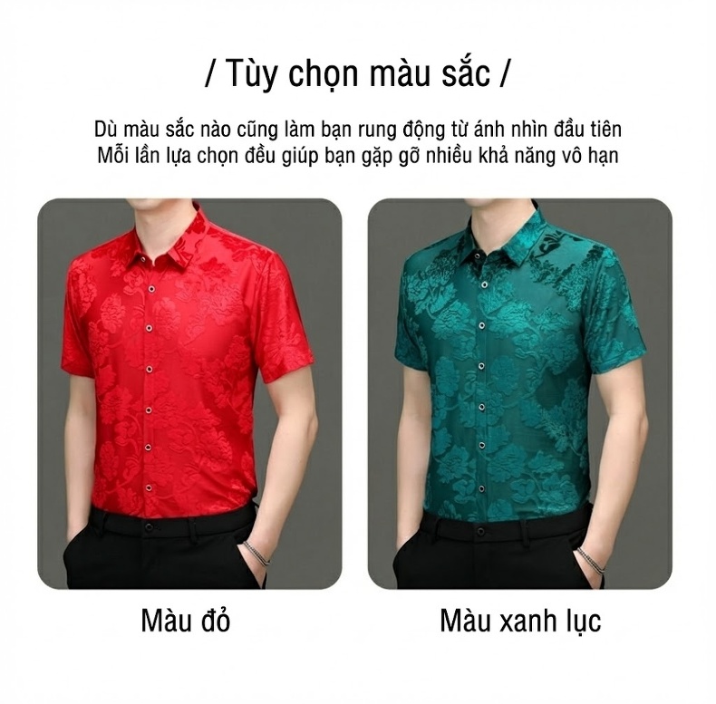 Áo Sơ Mi Tay Ngắn Vải Gấm Hoa Văn Trung Niên Phong Cách Lịch Sự Màu Xanh, Đỏ chi tiết 7