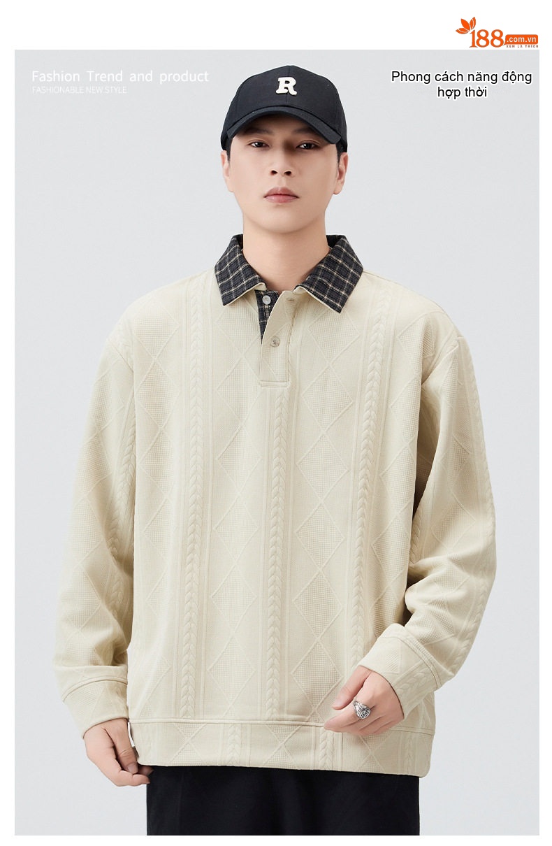Áo Sweater Nam Dệt Kim Cổ Bẻ Họa Tiết Trám Phong Cách Mỹ Màu Be, Đen chi tiết 1