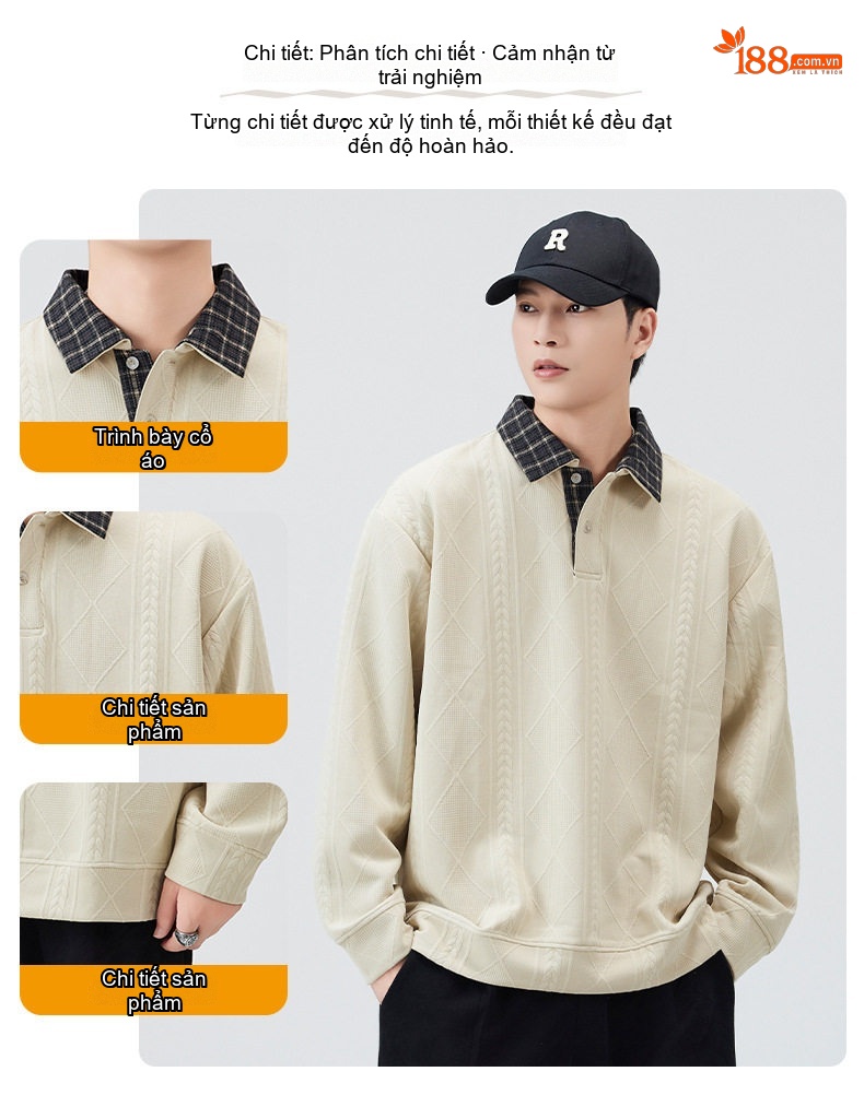 Áo Sweater Nam Dệt Kim Cổ Bẻ Họa Tiết Trám Phong Cách Mỹ Màu Be, Đen chi tiết 3