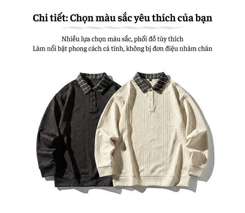Áo Sweater Nam Dệt Kim Cổ Bẻ Họa Tiết Trám Phong Cách Mỹ Màu Be, Đen chi tiết 4