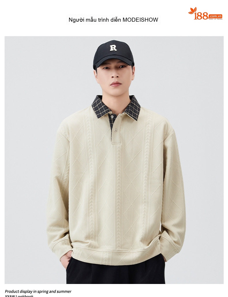 Áo Sweater Nam Dệt Kim Cổ Bẻ Họa Tiết Trám Phong Cách Mỹ Màu Be, Đen chi tiết 6