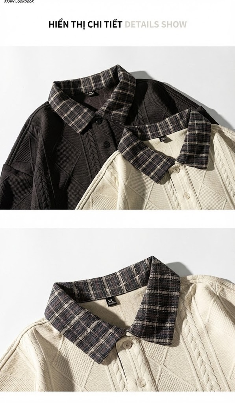 Áo Sweater Nam Dệt Kim Cổ Bẻ Họa Tiết Trám Phong Cách Mỹ Màu Be, Đen chi tiết 14