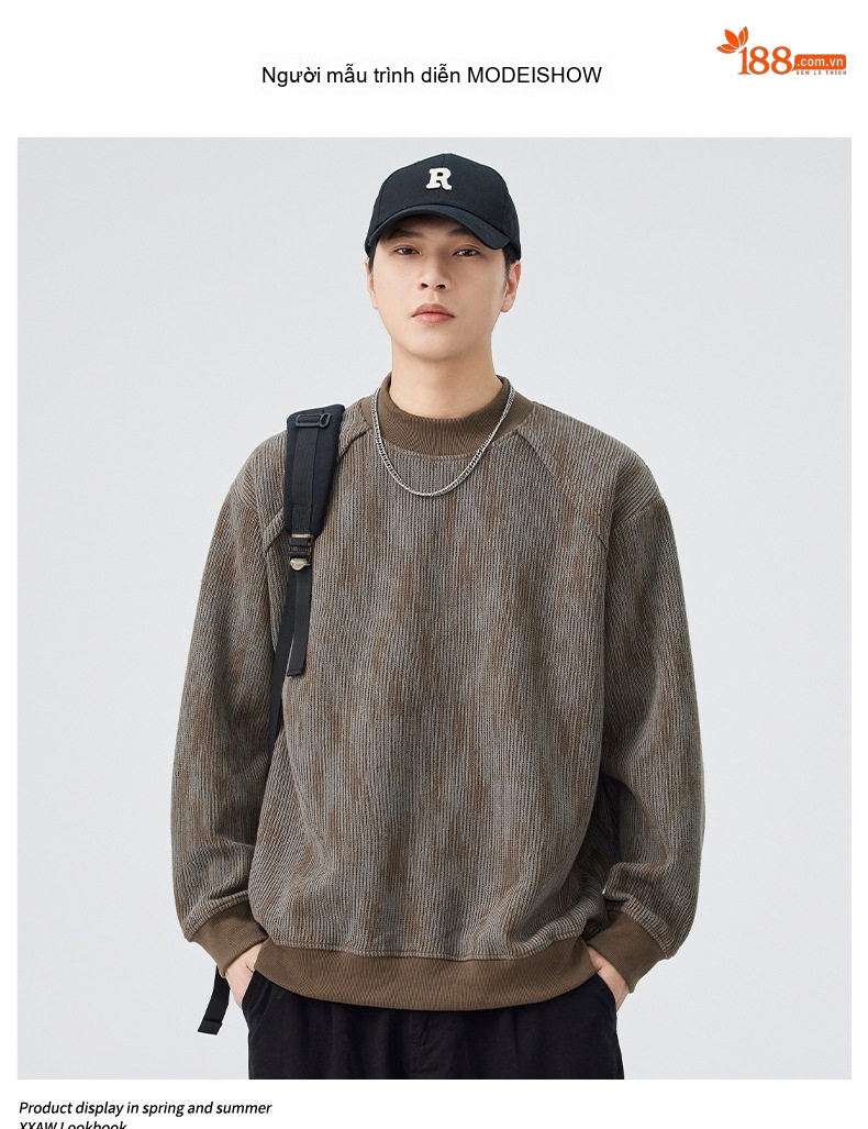 Áo Sweatshirt Nam Dệt Kim Dài Tay Cổ Tròn Phong Cách Vintage Màu Nâu, Đỏ chi tiết 6