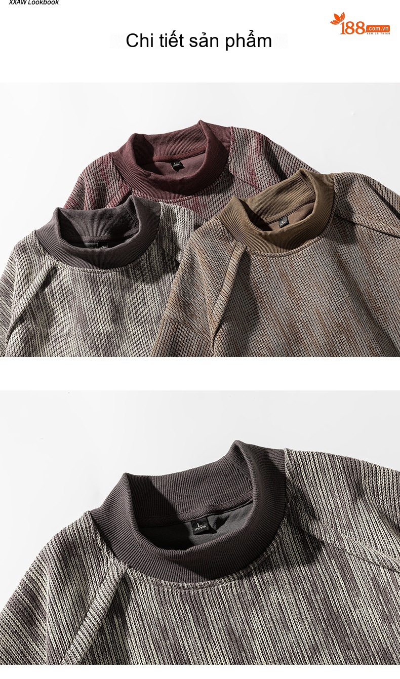 Áo Sweatshirt Nam Dệt Kim Dài Tay Cổ Tròn Phong Cách Vintage Màu Nâu, Đỏ chi tiết 18