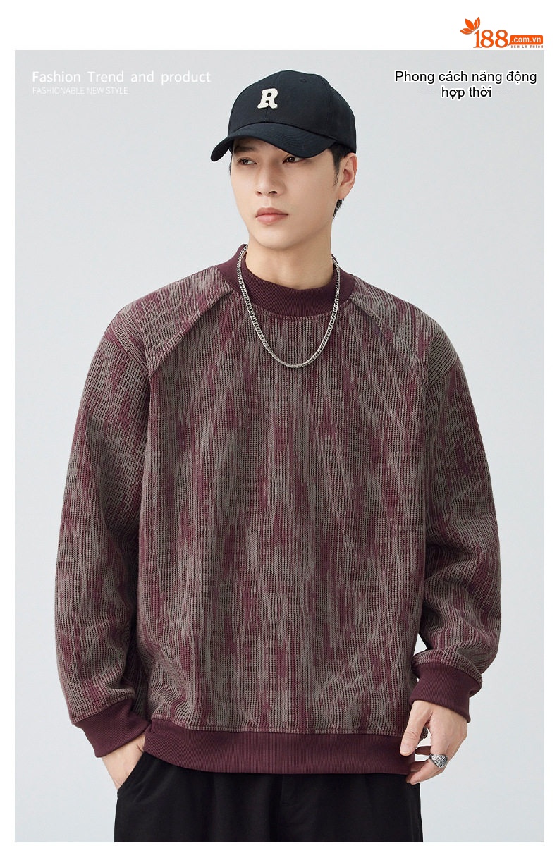Áo Sweatshirt Nam Dệt Kim Dài Tay Cổ Tròn Phong Cách Vintage Màu Nâu, Đỏ chi tiết 1