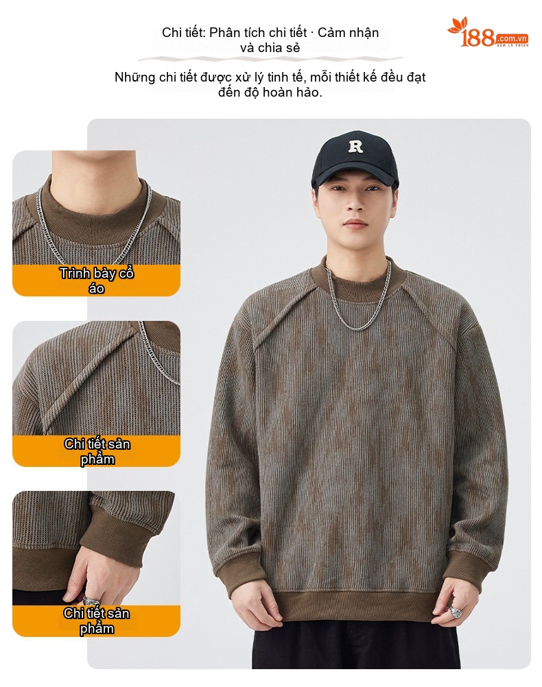 Áo Sweatshirt Nam Dệt Kim Dài Tay Cổ Tròn Phong Cách Vintage Màu Nâu, Đỏ chi tiết 3
