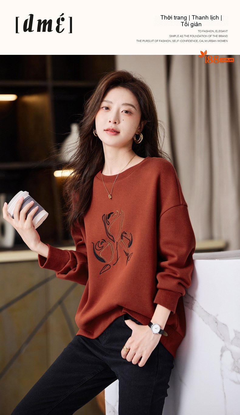Áo Sweatshirt Nữ Dáng Rộng Lót Lông Dày Dặn Giữ Ấm Tay Dài Phong Cách Casual Màu Nâu chi tiết 2