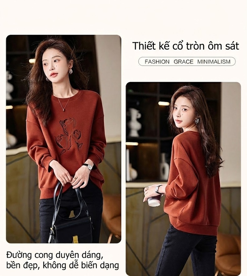 Áo Sweatshirt Nữ Dáng Rộng Lót Lông Dày Dặn Giữ Ấm Tay Dài Phong Cách Casual Màu Nâu chi tiết 7