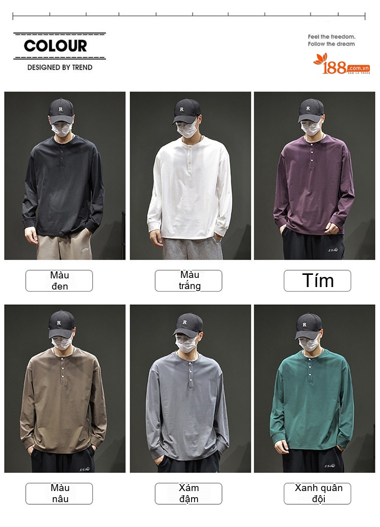Áo Thun Dài Tay Nam Cổ Henry Form Rộng Màu Đen, Trắng, Xám, Xanh Lá chi tiết 2