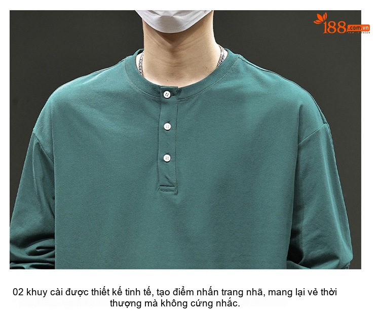 Áo Thun Dài Tay Nam Cổ Henry Form Rộng Màu Đen, Trắng, Xám, Xanh Lá chi tiết 27
