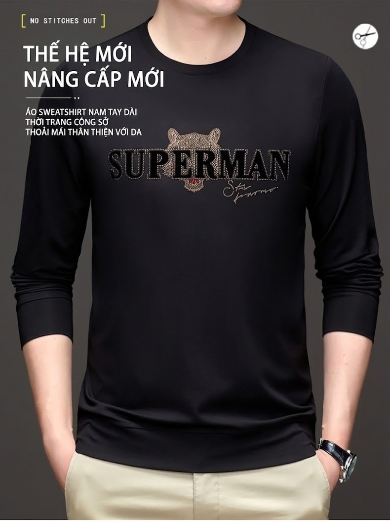Áo Thun Dài Tay Nam Cổ Tròn Cotton In Họa Tiết Màu Xanh Lá, Đỏ, Đen, Trắng... chi tiết 1