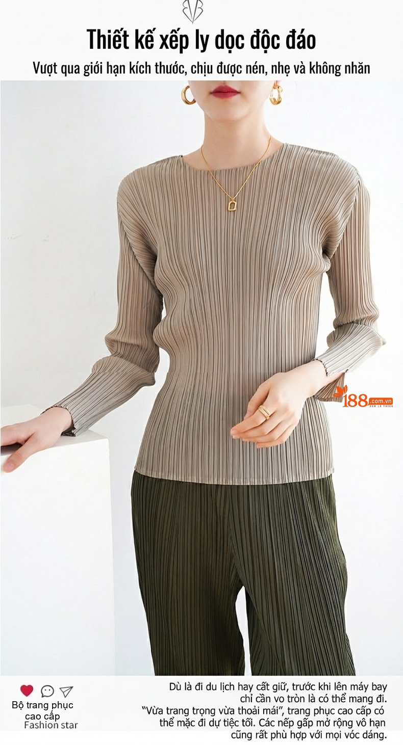 Áo Thun Dài Tay Nữ Dệt Kim Miyake Cổ Tròn Phong Cách Công Sở Màu Be, Xanh, Hồng, Đen... chi tiết 1