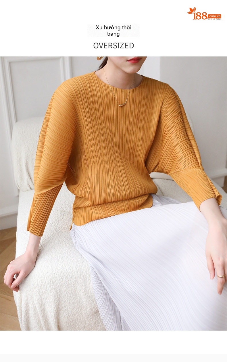 Áo Thun Dài Tay Nữ Pleats Thiết Kế R褶皱, Cổ Tròn, Dáng Rộng, Mềm Mại Màu Vàng, Cam, Hồng, Tím... chi tiết 2