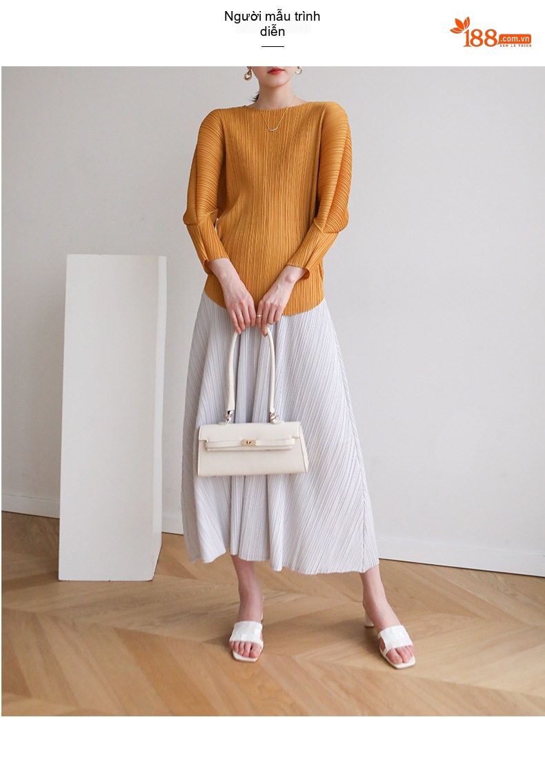 Áo Thun Dài Tay Nữ Pleats Thiết Kế R褶皱, Cổ Tròn, Dáng Rộng, Mềm Mại Màu Vàng, Cam, Hồng, Tím... chi tiết 6
