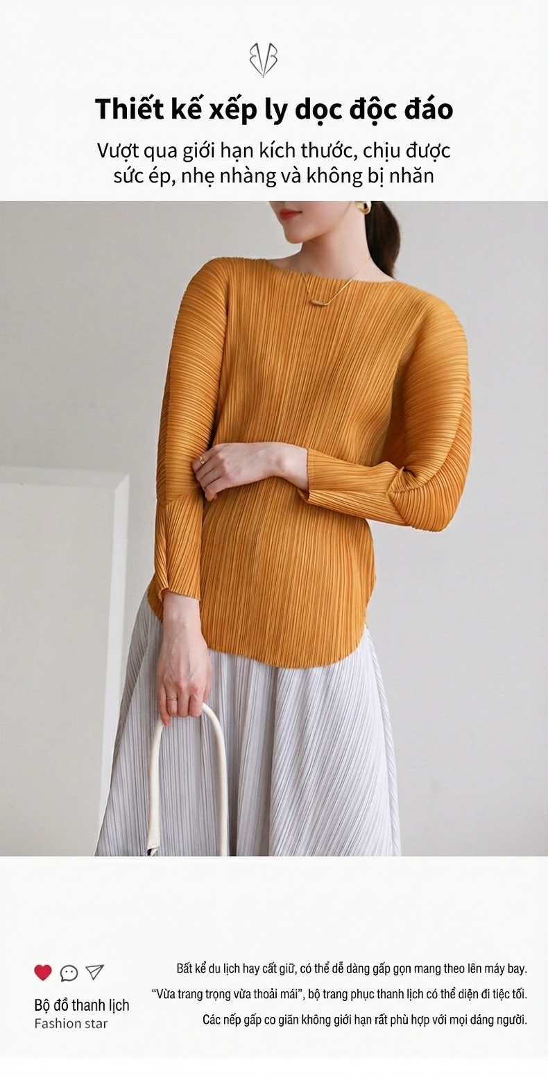 Áo Thun Dài Tay Nữ Pleats Thiết Kế R褶皱, Cổ Tròn, Dáng Rộng, Mềm Mại Màu Vàng, Cam, Hồng, Tím... chi tiết 1