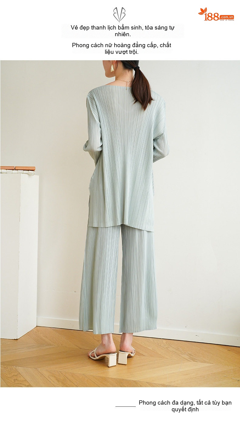 Áo Thun Dệt Kim Nữ Miyake Pleated V Cổ Tay Lỡ Phong Cách Thanh Lịch Màu Be, Xanh, Đen, Trắng... chi tiết 4