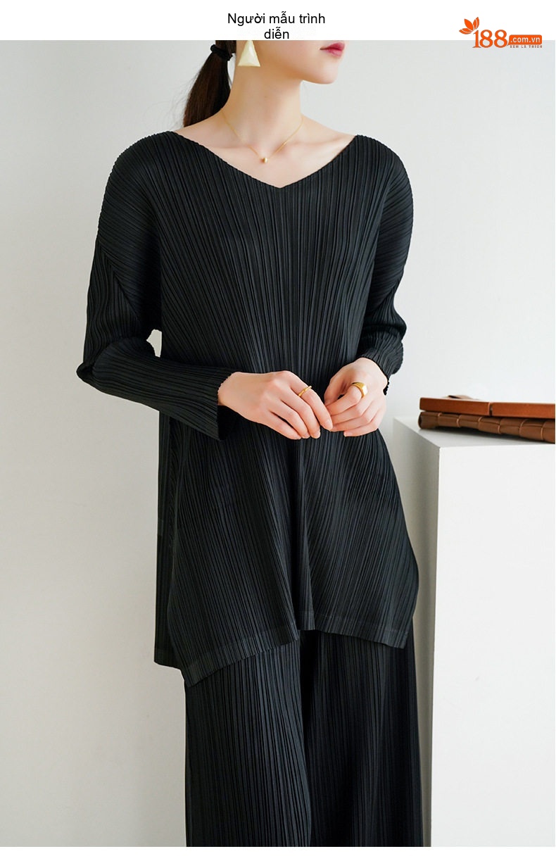 Áo Thun Dệt Kim Nữ Miyake Pleated V Cổ Tay Lỡ Phong Cách Thanh Lịch Màu Be, Xanh, Đen, Trắng... chi tiết 6