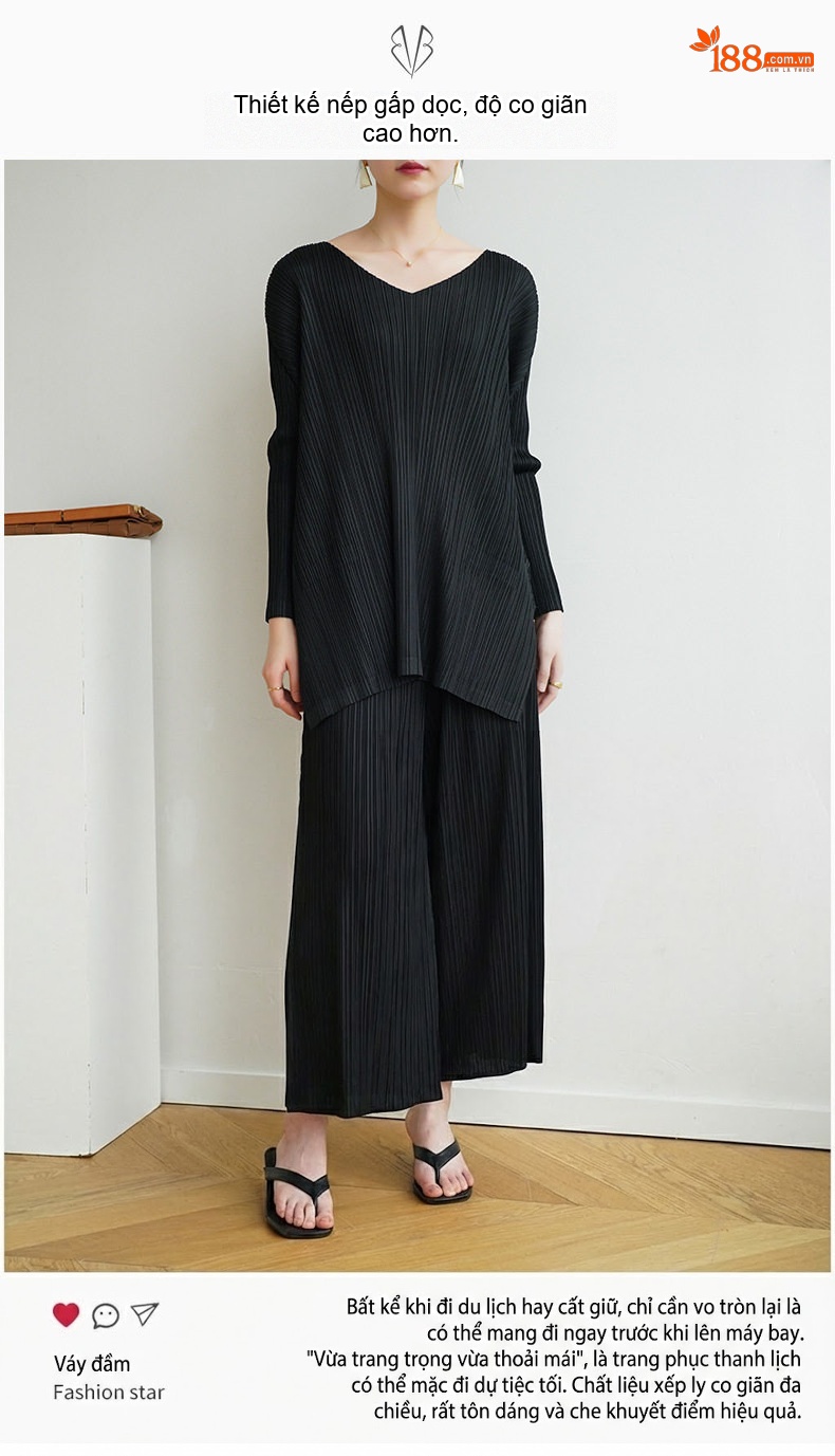 Áo Thun Dệt Kim Nữ Miyake Pleated V Cổ Tay Lỡ Phong Cách Thanh Lịch Màu Be, Xanh, Đen, Trắng... chi tiết 2