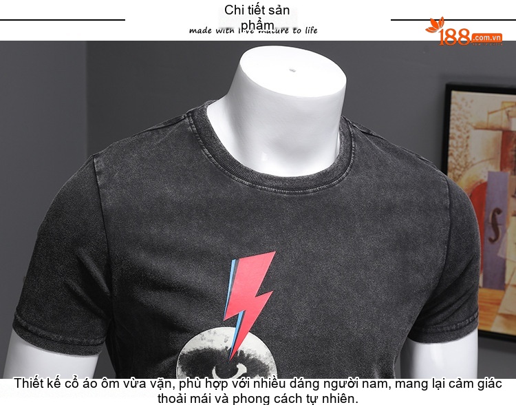 Áo Thun Nam Cổ Tròn Tay Ngắn Phong Cách Retro Mỹ Cá Tính Màu Xám Đen chi tiết 9