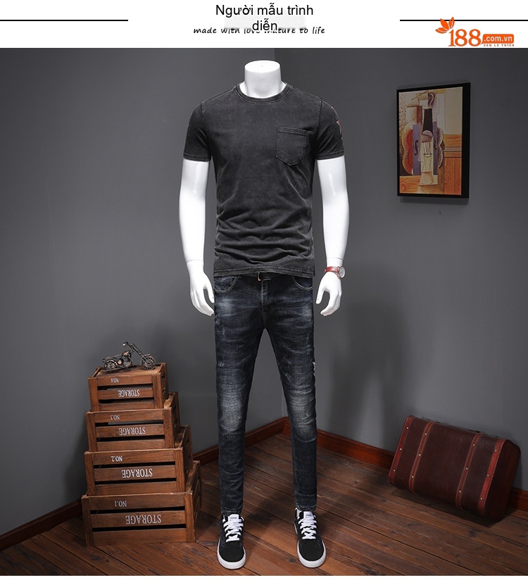 Áo Thun Nam Cổ Tròn Tay Ngắn Phong Cách Retro Mỹ Form Ôm Vừa Vải Cotton Giặt Xử Lý Bạc Màu chi tiết 5