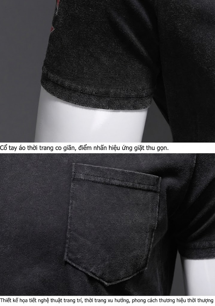 Áo Thun Nam Cổ Tròn Tay Ngắn Phong Cách Retro Mỹ Form Ôm Vừa Vải Cotton Giặt Xử Lý Bạc Màu chi tiết 11