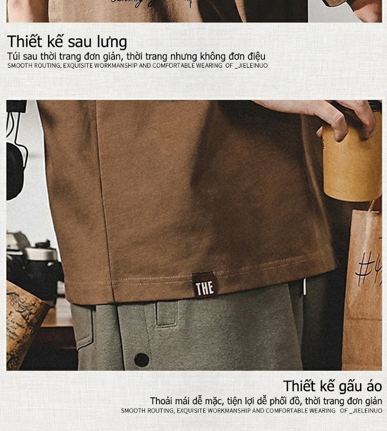 Áo Thun Nam Cotton 280g Tay Ngắn Form Rộng In Chữ Màu Nâu, Xanh, Trắng, Đen chi tiết 14