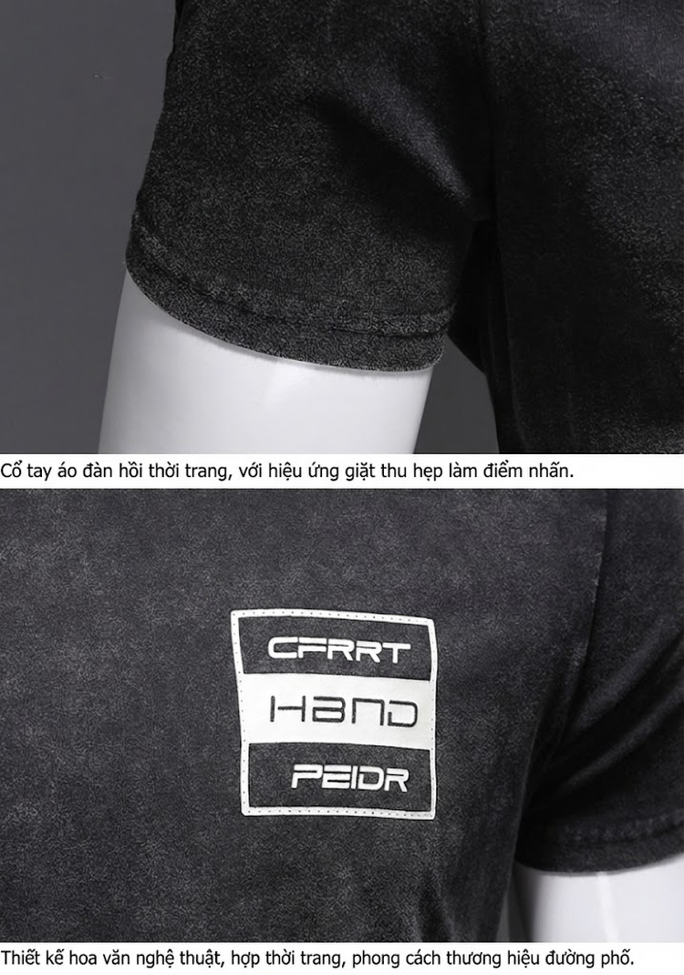 Áo Thun Nam Cotton Dáng Ôm Cổ Tròn In Hình Phong Cách Mỹ Màu Đen chi tiết 7