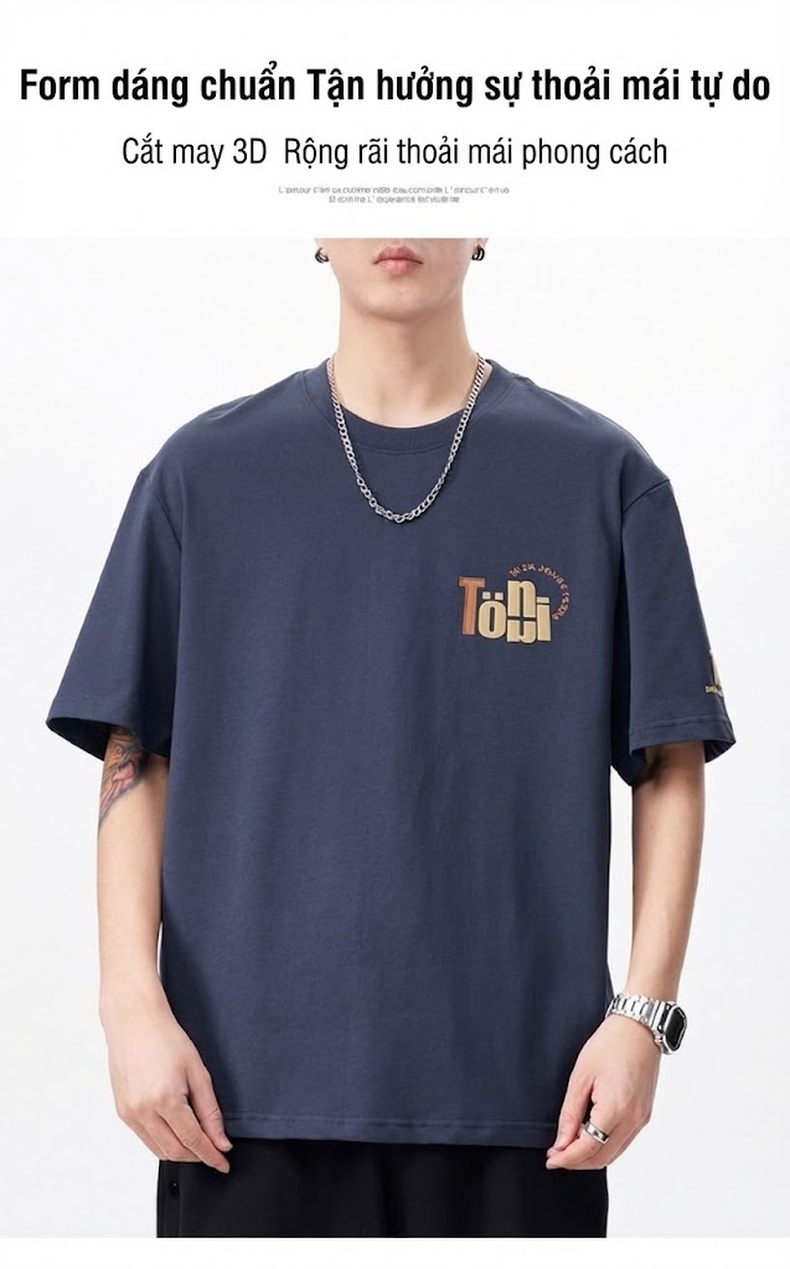 Áo Thun Nam Cotton Tay Ngắn Cổ Tròn In Hình Phong Cách Retro Màu Đen, Trắng, Xanh Navy chi tiết 3