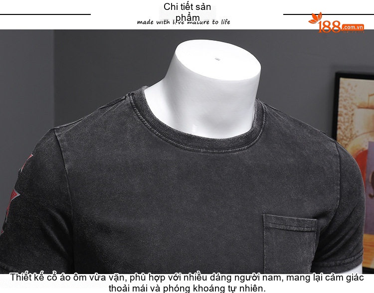 Áo Thun Nam Cotton Wash Cổ Tròn Tay Ngắn In Hình Phong Cách Retro Màu Xám Đen chi tiết 7