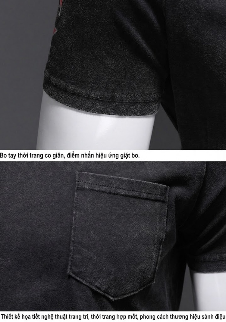 Áo Thun Nam Cotton Wash Cổ Tròn Tay Ngắn In Hình Phong Cách Retro Màu Xám Đen chi tiết 8