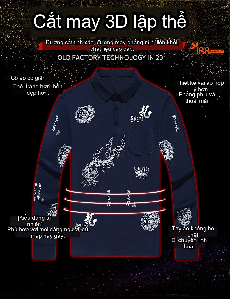 Áo Thun Nam Dài Tay Cotton Cổ Bẻ In Hình Rồng Màu Đỏ, Vàng, Xanh Navy chi tiết 3