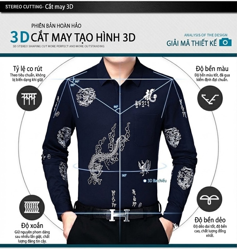 Áo Thun Nam Dài Tay Cotton Cổ Bẻ In Hình Rồng Màu Đỏ, Vàng, Xanh Navy chi tiết 5