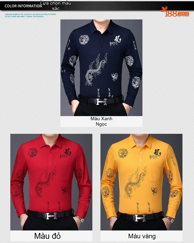 Áo Thun Nam Dài Tay Cotton Cổ Bẻ In Hình Rồng Màu Đỏ, Vàng, Xanh Navy chi tiết 6