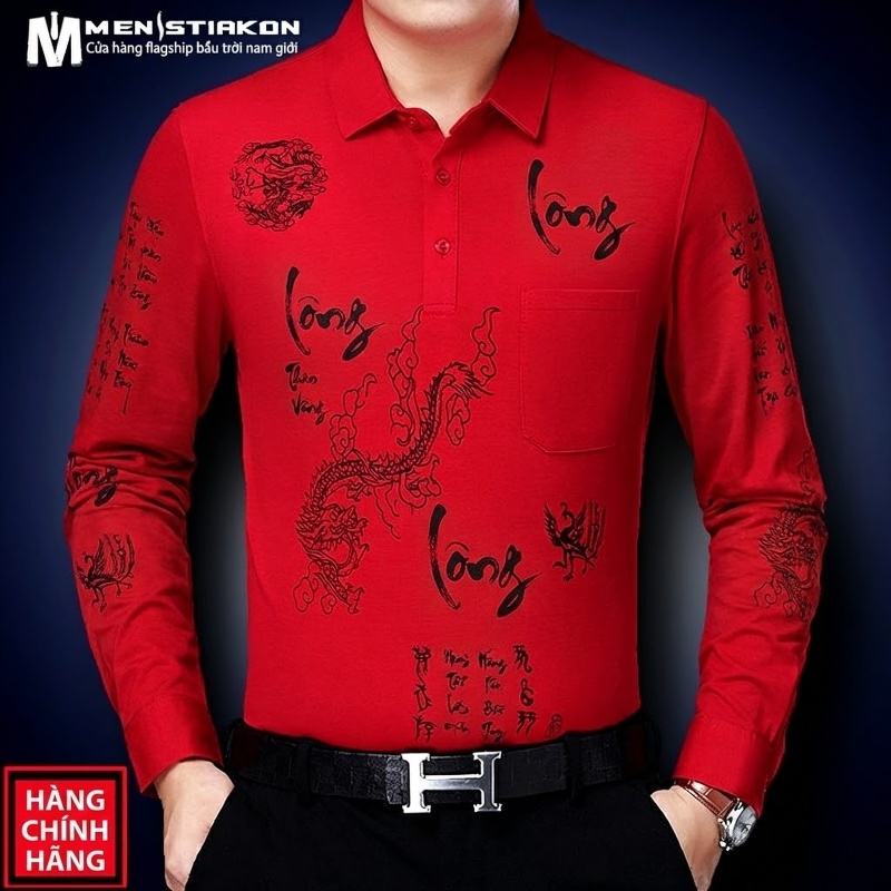 Áo Thun Nam Dài Tay Cotton Cổ Bẻ In Hình Rồng Màu Đỏ, Vàng, Xanh Navy