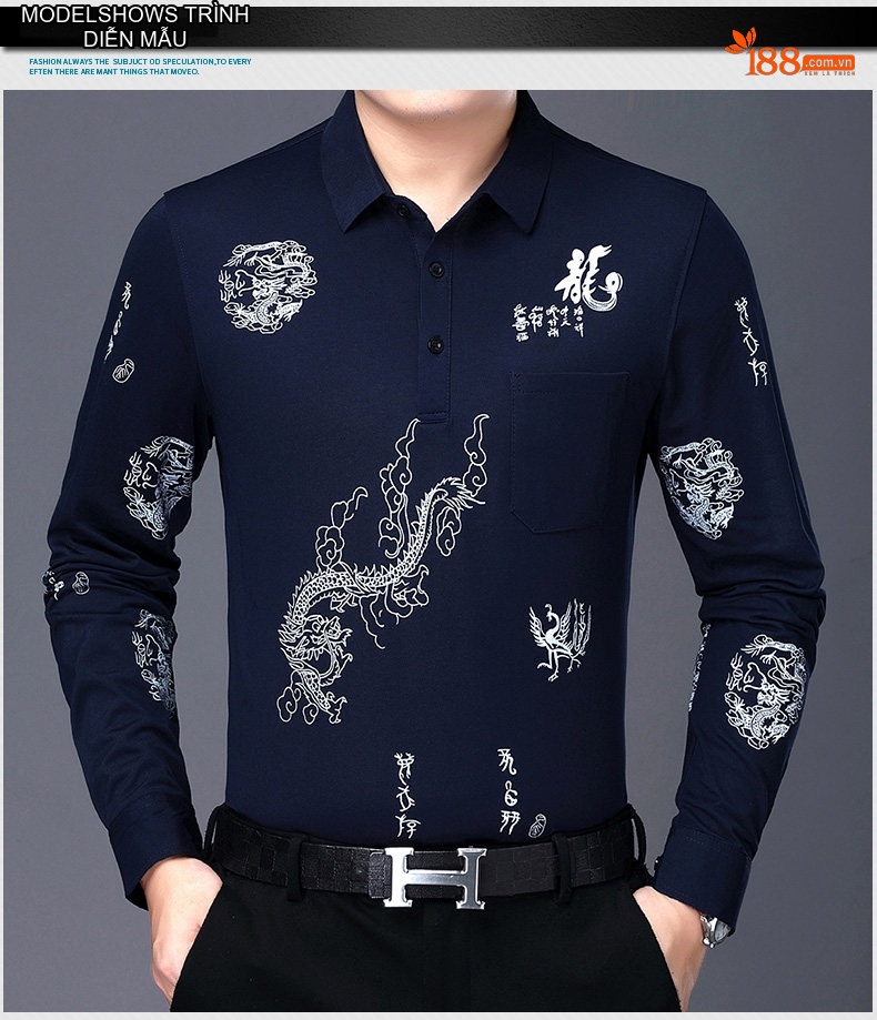 Áo Thun Nam Dài Tay Cotton Cổ Bẻ In Hình Rồng Màu Đỏ, Vàng, Xanh Navy chi tiết 8