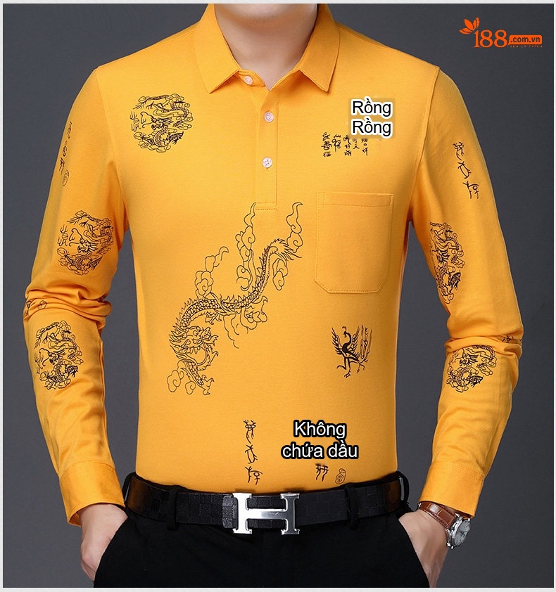 Áo Thun Nam Dài Tay Cotton Cổ Bẻ In Hình Rồng Màu Đỏ, Vàng, Xanh Navy chi tiết 15