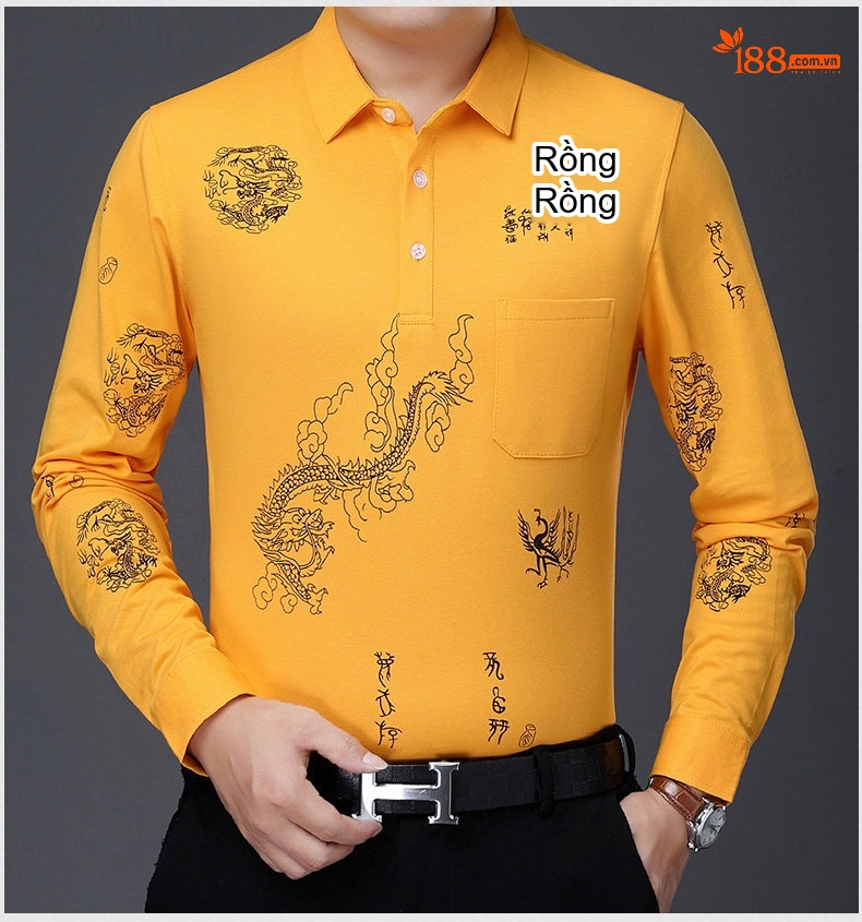 Áo Thun Nam Dài Tay Cotton Cổ Bẻ In Hình Rồng Màu Đỏ, Vàng, Xanh Navy chi tiết 16