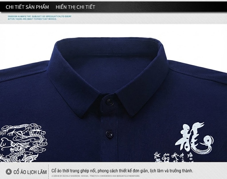 Áo Thun Nam Dài Tay Cotton Cổ Bẻ In Hình Rồng Màu Đỏ, Vàng, Xanh Navy chi tiết 18