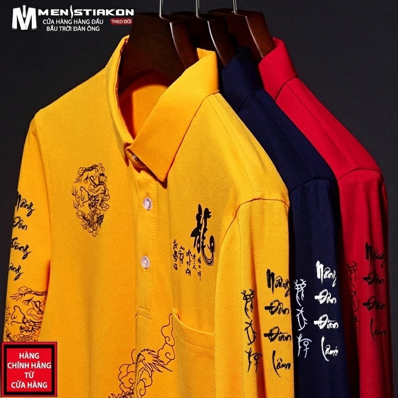 Áo Thun Nam Dài Tay Cotton Cổ Bẻ In Hình Rồng Màu Đỏ, Vàng, Xanh Navy