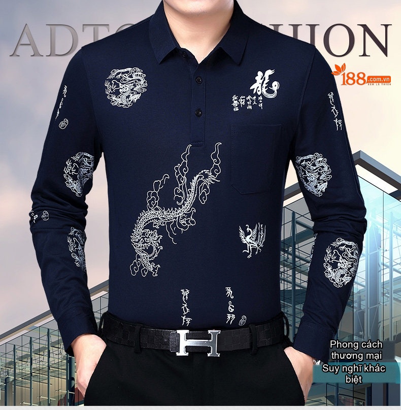 Áo Thun Nam Dài Tay Cotton Cổ Bẻ In Hình Rồng Màu Đỏ, Vàng, Xanh Navy chi tiết 1