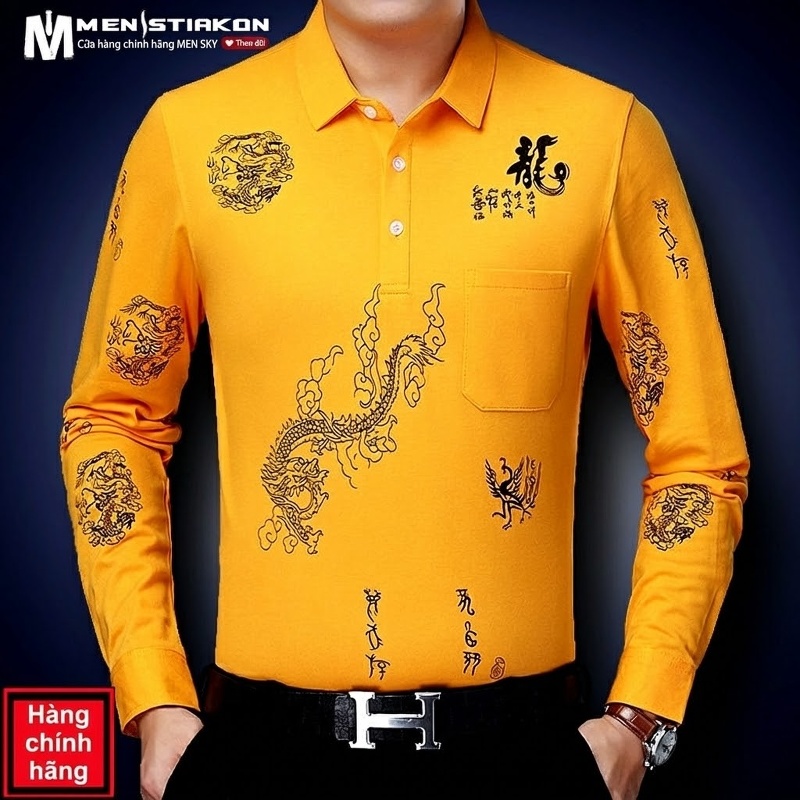 Áo Thun Nam Dài Tay Cotton Cổ Bẻ In Hình Rồng Màu Đỏ, Vàng, Xanh Navy