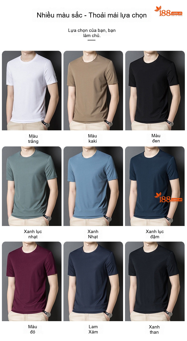 Áo Thun Nam Tay Ngắn Cổ Tròn Cotton Lụa Màu Xanh Rêu, Nâu, Trắng, Đen... chi tiết 5