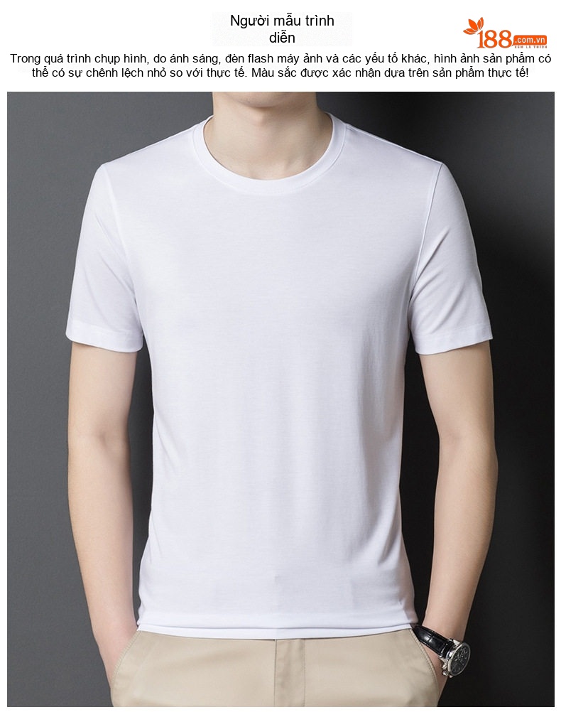 Áo Thun Nam Tay Ngắn Cổ Tròn Cotton Lụa Màu Xanh Rêu, Nâu, Trắng, Đen... chi tiết 7