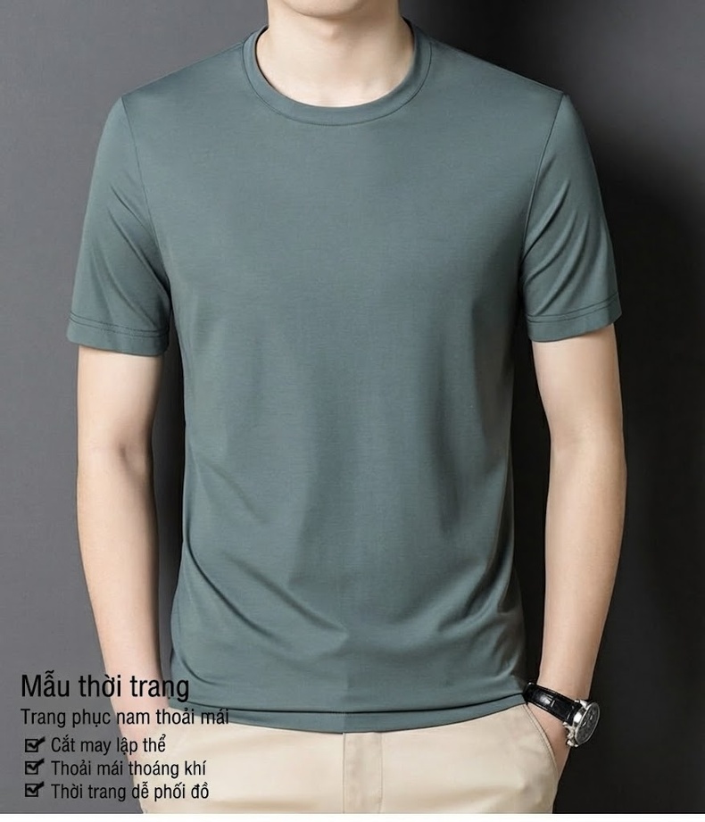 Áo Thun Nam Tay Ngắn Cổ Tròn Cotton Lụa Màu Xanh Rêu, Nâu, Trắng, Đen... chi tiết 1