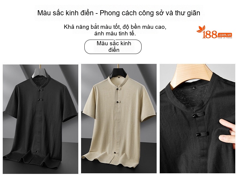 Áo Thun Nam Tay Ngắn Cổ Trụ Phong Cách Trung Hoa Form Rộng Màu Đen, Be chi tiết 14