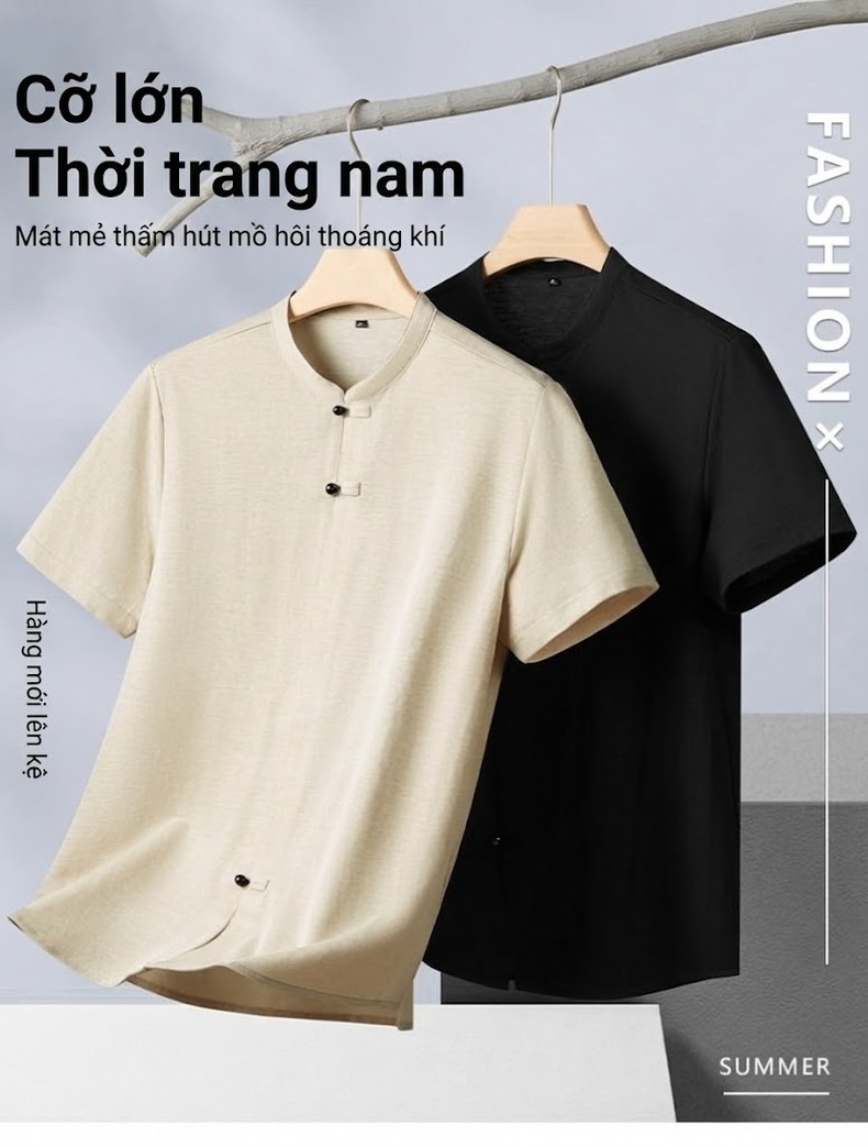 Áo Thun Nam Tay Ngắn Cổ Trụ Phong Cách Trung Hoa Form Rộng Màu Đen, Be chi tiết 1