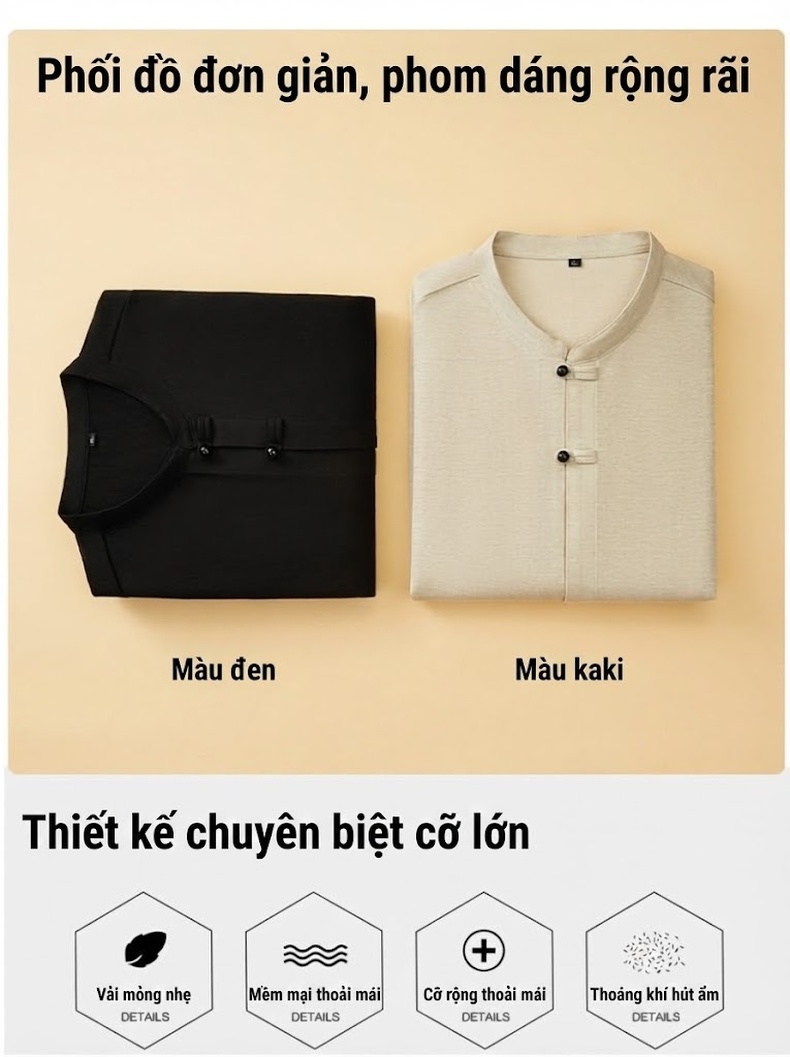Áo Thun Nam Tay Ngắn Cổ Trụ Phong Cách Trung Hoa Form Rộng Màu Đen, Be chi tiết 3