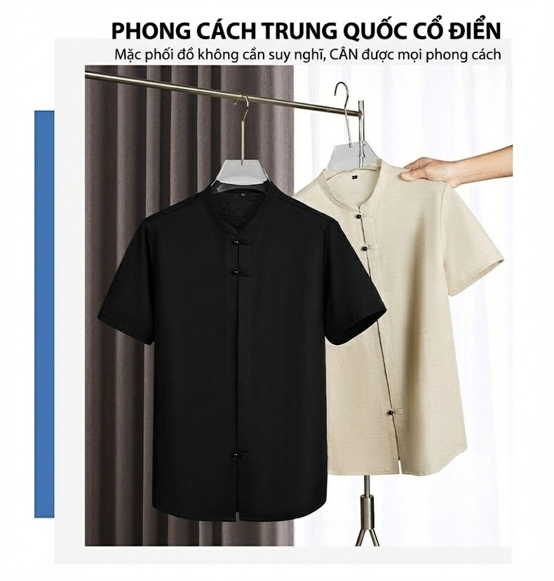 Áo Thun Nam Tay Ngắn Cổ Trụ Phong Cách Trung Hoa Form Rộng Màu Đen, Be chi tiết 8