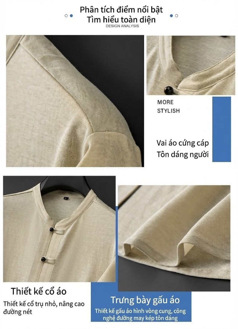 Áo Thun Nam Tay Ngắn Cổ Trụ Phong Cách Trung Hoa Form Rộng Màu Đen, Be chi tiết 6