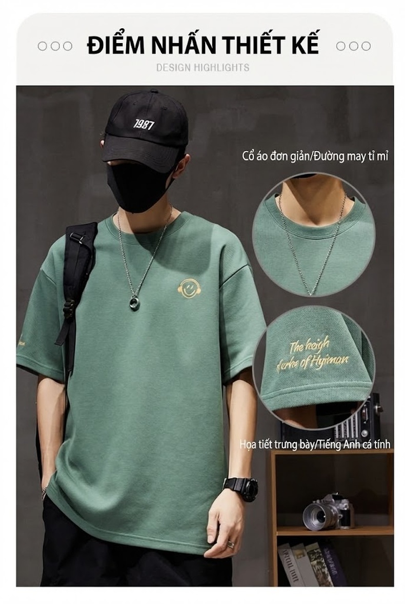 Áo Thun Nam Tay Ngắn Cotton Form Rộng In Hình Mặt Cười Màu Đen, Trắng, Cam, Xanh... chi tiết 2